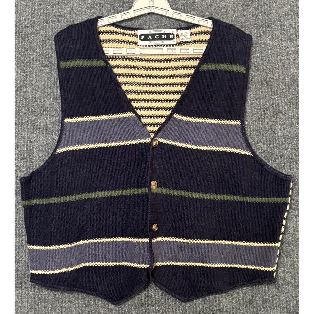 VTG PACHE Striped Knit Vest Women's XL Navy Blue Cream Green Gray Button Front